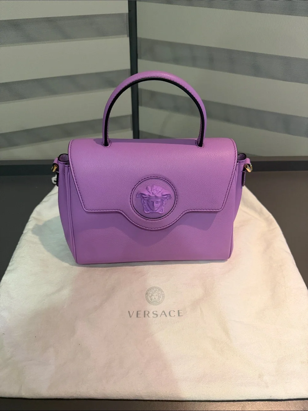 Versace Lavender Leather Top-Handle Bag with Medusa Emblem